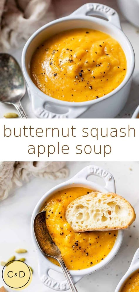 Incredibly creamy and nourishing roasted butternut squash apple soup is the perfect option for a quick, comforting dinner at home, and as an added bonus, it will make your house smell like the magic of fall! This recipe is super easy to make, naturally gluten-free and easily made vegan, and SO flavorful. Butternut Squash Soup With Apples, Soup With Apples, Easy Butternut Squash Soup, Squash Acorn, Squash Apple Soup, Butternut Squash Apple Soup, Pescatarian Meals, Butternut Squash Curry, Butternut Squash Apple