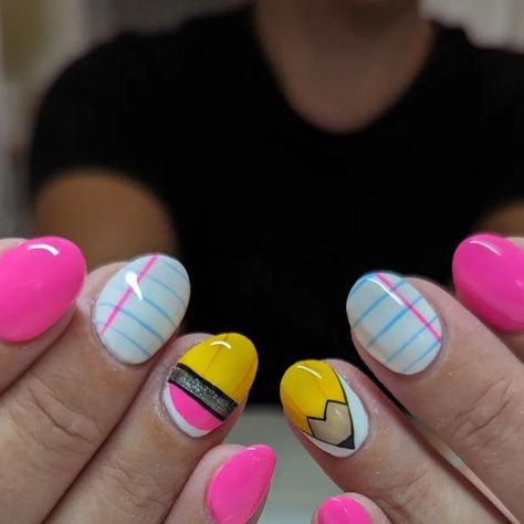 ABBY LARA | Nail Educator on Instagram: "fun facts about me: I have a deep love for school supply shopping 🤩🎒✏️  comment ❤️ if you're ready for school to start or comment ☀️ if you think it should stay summer forever ↓↓↓  #backtoschoolnails #teachernails #teachernailideas #augustnails #luminarybalance #luminarynailsystems #madamglamgel  @nfran25 inspo from Pinterest!" School Supply Shopping, Teacher Nails, Fun Facts About Me, School Nail Art, Sea Nails, Facts About Me, August Nails, Madam Glam, Back To School Nails