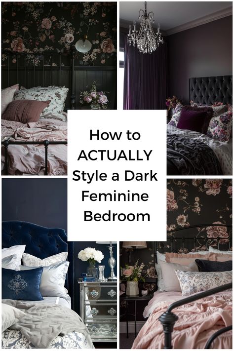 Four bedrooms with dark feminine decor, featuring floral patterns, rich textures, and elegant lighting. Elegant Aesthetic Bedroom, Dark Feminine Aesthetic Bedroom, Maximalist Bedroom Aesthetic, Modern Feminine Bedroom, Classy Bedroom Ideas For Women, Dark Moody Bedroom, Dark Feminine Bedroom, Dark Bedroom Aesthetic, French Provincial Bedroom