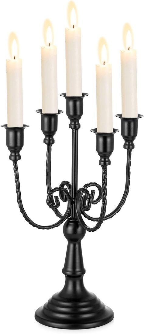 Coffee Table Fireplace, Halloween Table Centerpieces, Black Candelabra, Candlestick Centerpiece, Black Candle Holders, Metal Candelabra, Tall Candlesticks, Fireplace Mantel Decor, Christmas Mantel Decorations