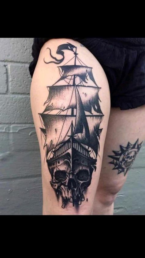 Ship Tattoo Sleeves, Pirate Skull Tattoos, Pirate Ship Tattoos, Pirate Ship Tattoo, Boat Tattoo, Pirate Tattoo, Bateau Pirate, Tattoo Skull, Floral Tattoo Sleeve