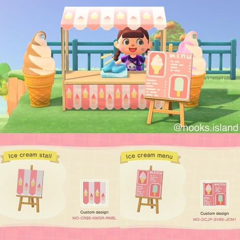 🏝 Nook’s Island on Instagram: “One of many ice cream stall & menu designs! 🍦 ⠀ ⠀ Designed by: Kirstie (user: Kirstie)⠀ ⠀ ⠀ ➡️Visit our website to browse more designs,…” Ice Cream Stand Animal Crossing, Ice Cream Stand Acnh, Animal Crossing Fair, Acnh Fair, Ice Cream Stall, Motif Acnl, Animal Crossing 3ds, Menu Designs, Animal Crossing Guide