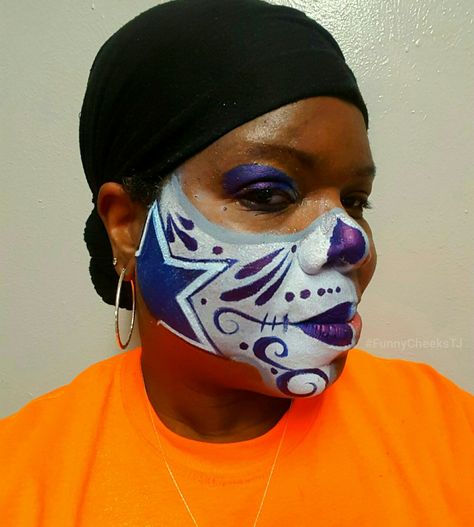 Go Cowboys - Dallas Cowboys Sugar Skull Face Paint designed and painted by Dallas Face Painter FunnyCheeksTJ of Funny Cheeks Dallas Face Painting  #GoDallasCowboys #cowboysnation #Cowboys #HowBoutThemCowboys  #WeDemBoys #Wedemboyz Dallas Cowboys Face Paint, Dallas Cowboy Eye Makeup, Dallas Cowboys Eyeshadow Ideas, Dallas Cowboys Face Paint Ideas, Dallas Cowboys Sugar Skull, Dallas Cowboys Nail Designs, Dallas Cowboys Halloween, Dallas Cowboys Room, Dallas Cowboys Nails