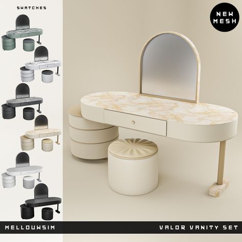 Valor Vanity Set | Patreon Sims 4 Dressing Table, Ts4 Kitchen, The Sims 4 Pack, Sims 4 Cc Furniture Living Rooms, Sims Furniture, Furniture Cc, Ts4 Mods, Sims 4 Cheats, Cc Mods