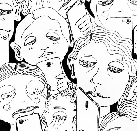 Black and white digital illustration of people addicted to their phones, a social media society Social Media Negative, Social Media Illustration, Phone Illustration, Society Art, Social Media Books, Doodles Sketches, Idea Generation, Quitting Social Media, Satirical Illustrations