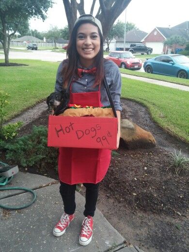 Hot dog vendor costume I put together (: Hot Dog Stand Costume, Dachshund Halloween Costume, Hot Dog Vendor Costume, Hot Dog Vendor, Dog Costumes For Kids, Dog And Owner Costumes, Coco Costume, Hot Dog Costume, Family Costumes Diy