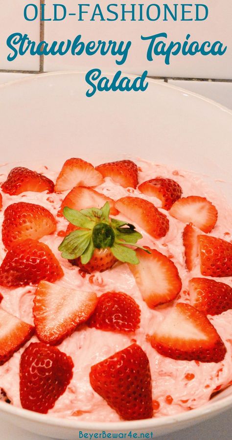 Making this old-fashioned strawberry tapioca salad recipe will create the best pink fluff salad with small pearl tapioca, strawberry jello, and cool whip. Strawberry Tapioca Jello Salad, Pink Fluff Salad, Tapioca Salad, Strawberry Tapioca, Jello And Cool Whip, Strawberry Foods, Pearl Tapioca, Pudding Salad, Fluff Salads