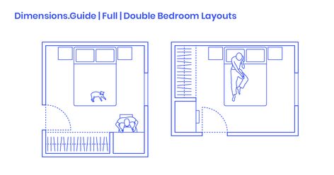 Full Size | Double Bedroom layouts are recommended floor plan strategies for organizing bedrooms based on the standard dimensions of a Full Size | Double Bed. When planning bedrooms, it is recommended that clearances be provided around all three sides of the bed that are not against the wall. Customarily used in guest rooms and medium sized bedrooms, Full | Double beds are 75” (191 cm) long and 54” (137 cm) wide. Minimum clearances of 30” (76.2 cm) and comfortable clearances of 36” (91.4 cm) ... 12x13 Bedroom Layout, Small Bedroom Ideas For Men Layout, Organizing Bedrooms, Small Bedroom Ideas For Men, Bedroom With Bathroom, Small Kids Room, Cave Basement, Door Plan, Bedroom Layout