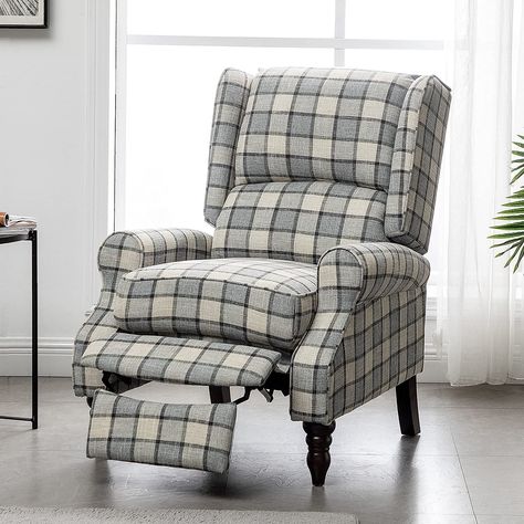 Mellcom Push Back Massage Recliner Chair, Modern Upholstered Wingback Armchair for Living Room, Gray Plaid - Walmart.com Wingback Recliner, Mid Century Modern Lounge Chairs, Wingback Armchair, Mid Century Modern Chair, Gray Bedroom, Modern Lounge Chairs, Sofa Home, Chairs Armchairs, Living Room Seating