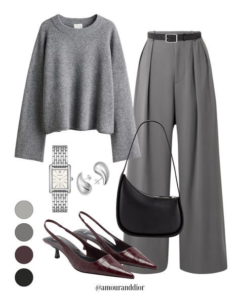 Fall outfit inspiration 🩶🩶🩶 Gray outfit, gray sweater, gray trousers, red slingback pumps, silver jewelry, The Row, trousers, workwear, work outfit Grey Work Outfits Women, Red And Gray Outfit, Grey Trousers Outfit Women, Grey Trousers Outfit, Tailored Pants Outfit, Wide Leg Trousers Outfit, Grey Pants Outfit, Brown Boots Outfit, Gray Outfit