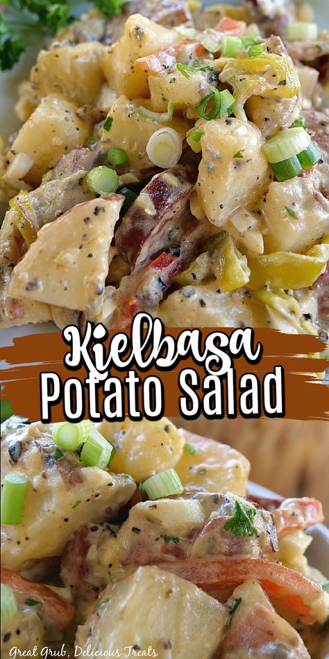 Collage of closeup shot of kielbasa potato salad at top and closeup of more potato salad at bottom. Potato Macaroni Salad, Grilled Red Peppers, Sausage Meals, Potato Casseroles, Potatoes Salad, Bbq Side Dishes Recipes, Potato Filling, Comfy Food, Sausage Potato