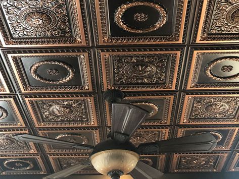 Copper Ceiling Bathroom, Speakeasy Ceiling, Goth Ceiling, Metallic Ceiling Tiles, Bronze Ceiling Tiles, Tin Ceiling Kitchen, Speakeasy Decor Bar, Whisky Room, Copper Ceiling Tiles