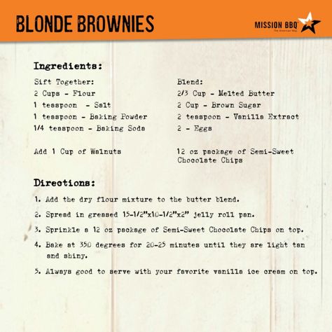 Blonde Brownies - MISSION BBQ Mission Bbq, Blonde Brownies, Blondie Bar, Bbq Recipe, Blondie Brownies, Cookie Brownie Bars, Jelly Roll Pan, Apple Cake Recipes, Smoker Recipes