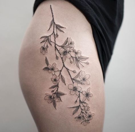 Cherry blossom hip tattoo by ilwolhongdam Cherry Tree Tattoos, Tree Branch Tattoo, Cherry Blossom Tree Tattoo, Esther Garcia, Blossom Tree Tattoo, Tattoo Hip, Branch Tattoo, Tree Tattoo Designs, Blossom Tattoo