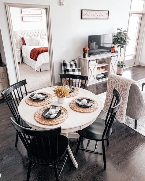 Tall Table Dining Room, Small Round Dining Room Table Decor, Fall Decor Round Table, Small Dining Room Decor Round Table, Apartment Round Dining Table, Small Dining Table Fall Decor, Small Fall Table Decor, Farmhouse Round Dining Table Decor, Small Round Dining Table Decor Ideas