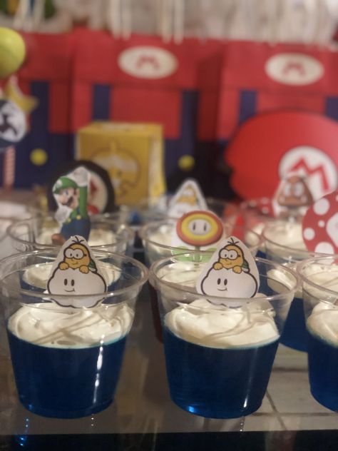 Cloud Jello Mario Bros Rice Krispies, Mario Bros Jello Ideas, Mario Star Rice Crispy Treats, Mario And Luigi Desserts, Super Mario Sweets Table, Princess Peach Party, Jello Cups, Mario Bros Birthday Party Ideas, Nintendo Party