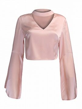 Pink V-neck Choker Detail Flare Sleeve Crop Top Neha Khan, Real Outfits, Bell Sleeve Tops, Cl Fashion, Stretchy Crop Tops, Bell Sleeve Crop Top, Shirts Crop, Sari Blouse Designs, Flared Sleeves Top