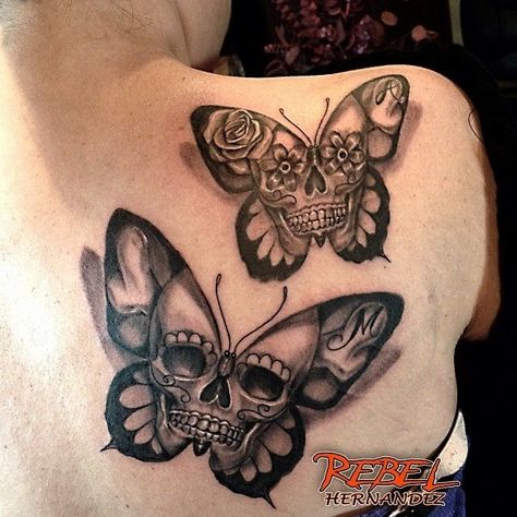 Butterfly Tattoo With Skull Inside, Tattoo Sculls, Tattoo Tibia, Skull Butterfly Tattoo Design, Front Neck Tattoos Women, Front Shoulder Tattoos For Women, Butterfly Skull Tattoo, Pretty Skull Tattoos, Skull Couple Tattoo