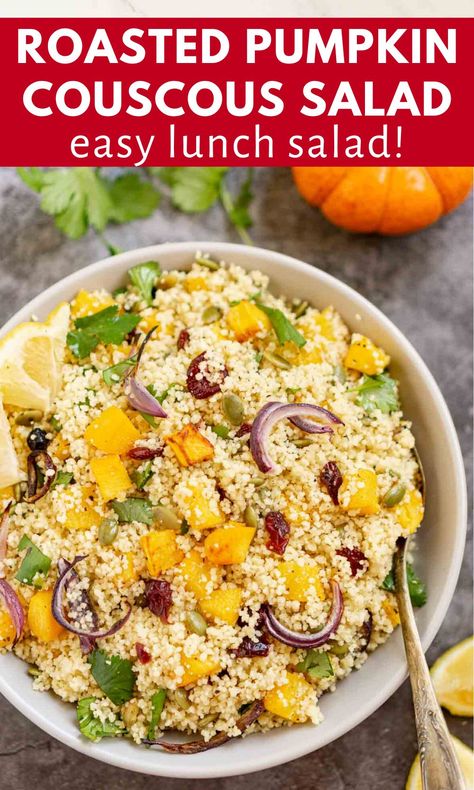 This Pumpkin Couscous Salad is so easy to make in under a half hour! Use cubed / diced pumpkin and roast it for 15 minutes, then toss it with the rest of the salad ingredients. This couscous salad has a light lemony dressing with maple syrup. It is naturally vegan and vegetarian. If you're looking for savory pumpkin recipes, ideas to use up pumpkin, or easy lunch ideas, give this roasted pumpkin couscous salad a try! Pumpkin Couscous Salad, Pumpkin Couscous, Recipe For Salad, Pumpkin And Feta Salad, Lemony Dressing, Maple Dressing, Roast Pumpkin Salad, Pearl Couscous Salad, Sweet Potato Salad Recipe