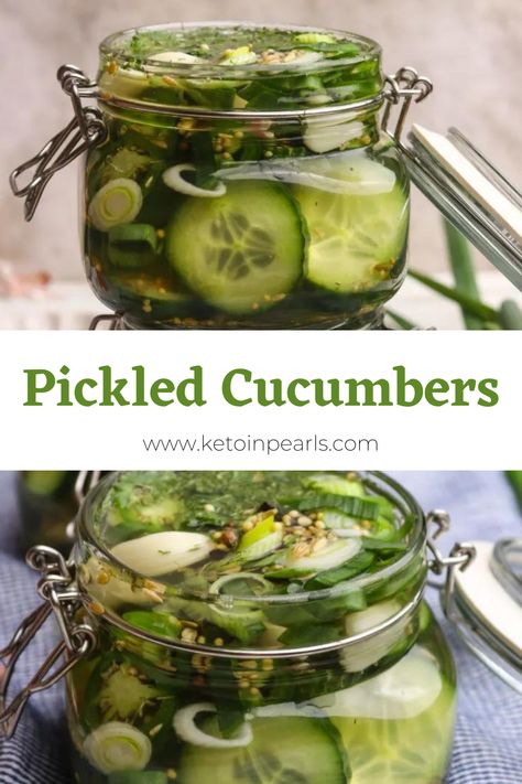 "Create your own flavorful delights with our Pickled Cucumbers Recipe! Transform fresh cucumbers into tangy, crunchy pickles right at home. It's the perfect accompaniment to any meal or a tasty snack. Dive into the world of pickling with our easy-to-follow recipe! Pickle Charcuterie Board, How To Pickle Cucumbers, Pickle Cucumbers, Crunchy Pickles, Pickle Party, Healthy Low Carb Snacks, Pickled Cucumbers, Pickled Cucumber, Easter Lunch