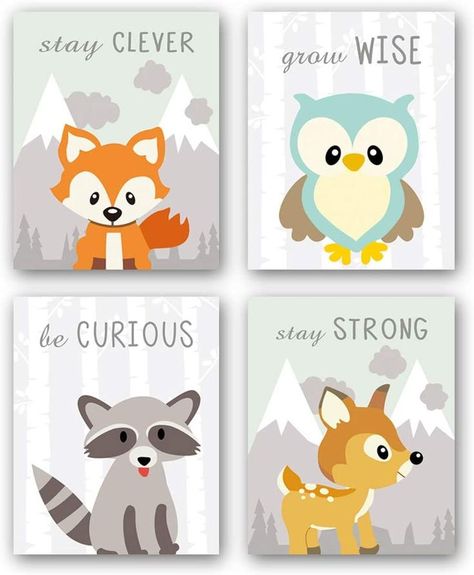 CHDITB Unframed Woodland Animals Art Print Adorable Fox Owl Racoon Deer Wall Art Painting,Set of 4（8’’x10’’） Canvas Cartoon Inspirational Picture for Kids Room Nursery Decor Animal Pictures For Kids, Canvas Cartoon, Woodland Animal Art, Deer Wall Art, Woodland Animal Prints, Animal Art Prints, Deer Wall, Wildlife Paintings, Painting Set