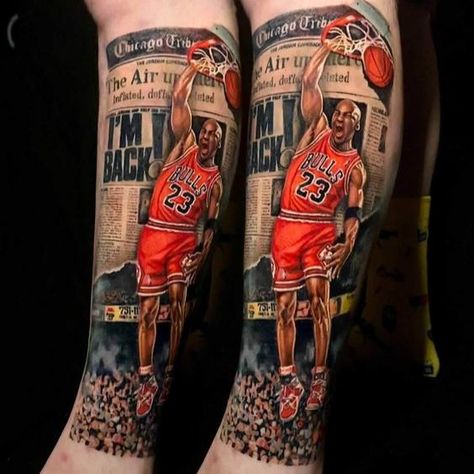 Top 14 Basketball Tattoos For Men To Try This Year Nba Tattoo Ideas, Jordan Tattoo Design, Upper Knee Tattoo Men, Mikel Jordan, Jordan Tattoo Ideas, Basketball Tattoos For Men, Nba Tattoo, Michael Jordan Tattoo, Dreamer Tattoo