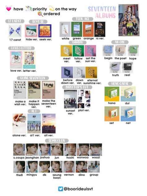 you can use this if youre going to collect their albums!! 💗 Seventeen Album List, Svt Album Collection, An Ode Photocard Template, Seventeen Album Template, Seventeen Album Collection, Wishlist Photocard, Seventeen Collection, Choice Template, Seventeen Concert