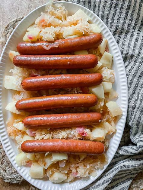 Crockpot Hot Dogs and Sauerkraut Hotdogs And Sauerkraut In Crockpot, Hot Dogs And Sauerkraut In Crock Pot, Crockpot Hot Dogs, Hot Dogs And Sauerkraut, Crockpot Hotdogs, Oven Hot Dogs, Hot Dogs And Beans, Small Crockpot Recipes, Pork Chops And Sauerkraut