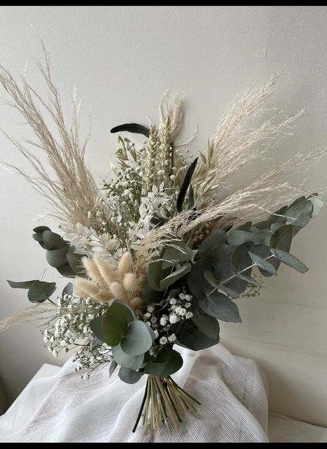 Boho Dried Bouquet, Eucalyptus And Dried Flowers Wedding, Dried Bridal Flowers, Small Rustic Bouquet, Green Bridal Bouquet Simple, Wheat And Eucalyptus Bouquet, Rustic Dried Flowers, Dried Flower Bouquet Green, Pampas Eucalyptus Bouquet