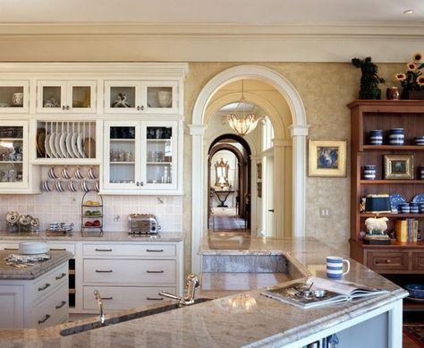 Beautiful Arches in Modern Interiors Arch Doorway Ideas, Doorway Ideas, White Shaker Kitchen Cabinets, Arch Doorway, White Shaker Kitchen, Rta Kitchen Cabinets, Shaker Kitchen Cabinets, Glass Front Cabinets, Shaker Kitchen