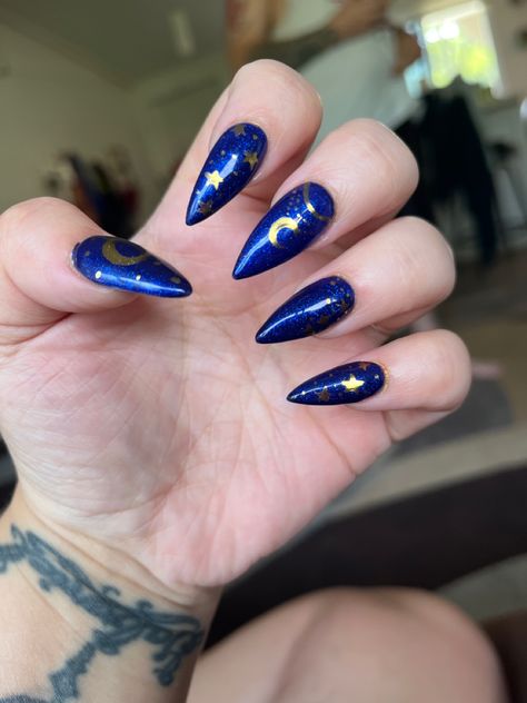 Royal blue with gold stars and moons Royal Blue Star Nails, Blue Wedding Nails, Stars And Moons, Royal Blue Wedding, Prom Ideas, Star Nails, Nails Inspo, Gold Nails, Blue Star