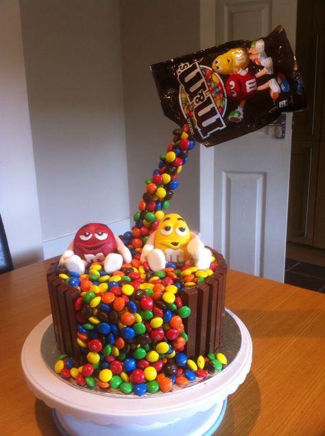 My version of a chocolate M&M cake. By Cakes of Joy M&m Gravity Cake, M M Cake Ideas, Gravity Cakes, Anti Gravity Cake, M&m Cake, Cakes Decorated, 6th Birthday Cakes, Gravity Defying Cake, Gravity Cake