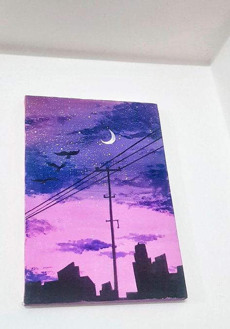 Blue And Purple Painting Ideas, Purple Aesthetic Painting, Cute Best Friend Drawings, Blue Painting Canvas, Purple Paintings, City Scape Painting, Drawings For Him, Monochrome Painting, Purple Painting