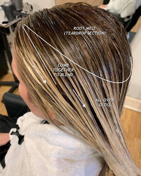 BLONDE SPECIALIST | OKLAHOMA on Instagram: “how to master the melt ⬇️⁣ ⁣ 1️⃣ product — i use a demi permanent color and apply on damp hair to avoid any splotchiness. it’s important to…” Colour Melt Hair Blonde, Shadow Roots Hair, Blonde Specialist, Hair Dye Techniques, Color Melting Hair, Root Melt, Hair Foils, Redken Hair Color, Hair Contouring