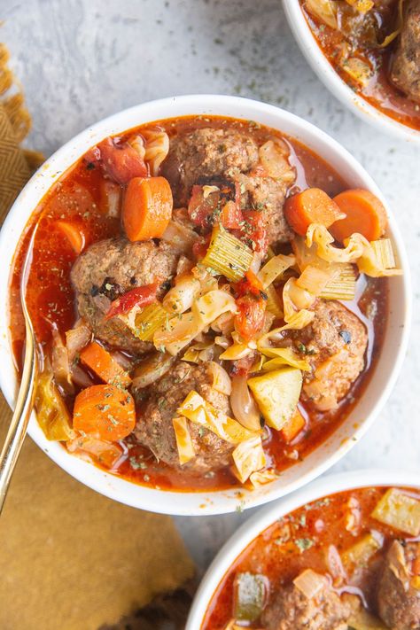 Sicilian Meatball Soup with Cabbage Healthy Morning Glory Muffins, Sicilian Meatballs, Soup With Cabbage, Morning Glory Muffins Healthy, Healthy Ground Beef Recipes, Meatball Stew, Glory Muffins, Gluten Free Meatballs, Hearty Soup Recipes