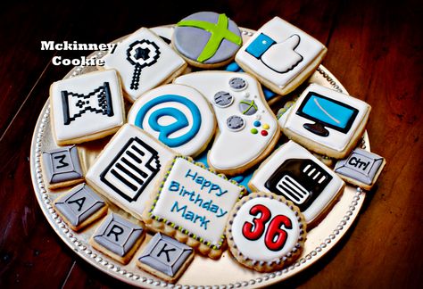 Computer Cookies Decorated, Video Game Cookies, Computer Cookies, Happy Birthday Mark, Computer Cake, Office Meals, Husband Lunch, Computer Theme, Computer Video