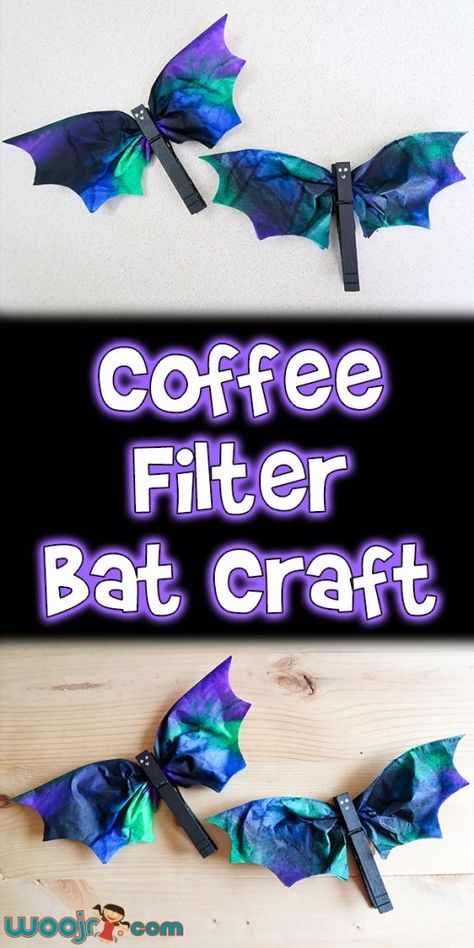 Coffee Filter Bat Craft | Woo! Jr. Kids Activities Høstaktiviteter For Barn, Bat Craft, Halloween Crafts For Toddlers, October Crafts, Halloween Kunst, Halloween Arts And Crafts, Halloween Preschool, Manualidades Halloween, Daycare Crafts