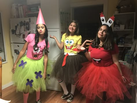 You can keep adding more character Spongebob Dress Up Party, Sponge Bob Characters Costumes, Mr Krabs Costume, Spongebob Dress Up, Sponge Bob Costume Diy, Spongebob Theme Party Outfit, Sandy Costume Spongebob, Unique Spongebob Costumes, Spongebob Custome Halloween