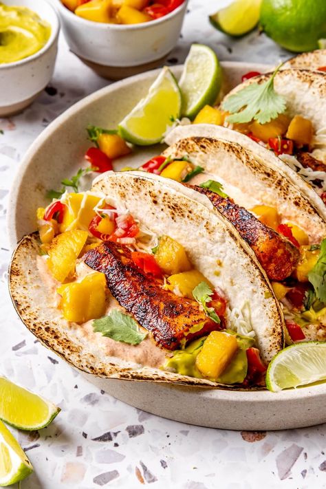 Fish Tacos With Mango Salsa, Seasoned Sour Cream, Tacos With Mango Salsa, Blackened Fish Tacos, Blackened Fish, Blacken Fish, Blackened Seasoning, Fish Tacos Recipe, Cabbage Slaw