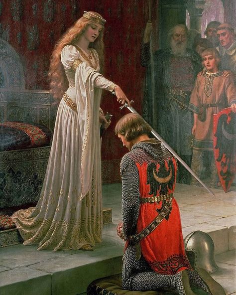 The Accolade by Edmund Blair Leighton 🌹 A Queen knighting a young man 🌹 Aliénor D'aquitaine, The Accolade, Throne Of Glass Fanart, Aelin Galathynius, Pre Raphaelite Art, Medieval Paintings, Throne Of Glass Books, Throne Of Glass Series, Sarah J Maas Books