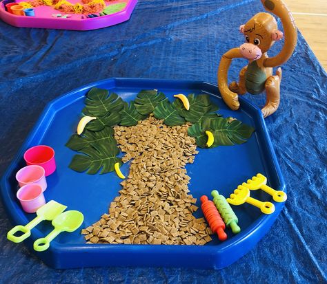 Monkey Tuff Tray Ideas, Jungle Themed Tuff Tray, Monkey Puzzle Tuff Tray, Jungle Messy Play, Monkey Puzzle Activities, January Planning, Night Monkey, June Ideas, Play Cafe