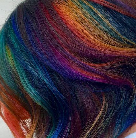 Rainbow Brunette Hair, Rainbow Short Hair, Brown Hair With Rainbow Highlights, Dark Hair With Rainbow Peekaboo, Dark Rainbow Hair, Rainbow Hair Aesthetic, Brown Hair Rainbow Highlights, Dark Brown Rainbow Hair, Jewel Tone Rainbow Hair