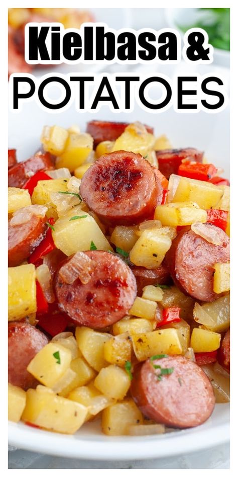 Bowl of sausage, potatoes, peppers. Sausage Potatoes And Peppers, Kielbasa And Potatoes, Crockpot Chicken And Noodles, Kielbasa Recipes, Sausage Potatoes, Delish Recipes, Kielbasa, Potatoes Recipe, Entree Recipes