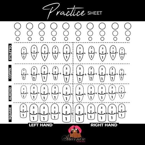 Acrylic Nail Practice Sheet, Nail Practice Sheet, Acrylic Nail Practice, Drawing On Nails, Printable Nail Art Practice Sheet, Printable Nail Art, Practicing Drawing, Nail Tech School, Nail Art Courses