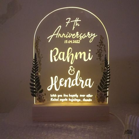 Lettering on Acrylic with LED Lamp 'Anniversary' by Me — for Anniv Gift and Memories — Message me or check to IG: @crafty.naa for details and order 💕 Engagement Decor, Acrylic Gift, 3d Lamp, 7th Anniversary, Engagement Decorations, Arabic Food, Banner Backdrop, Galaxy Wallpaper, Random Things