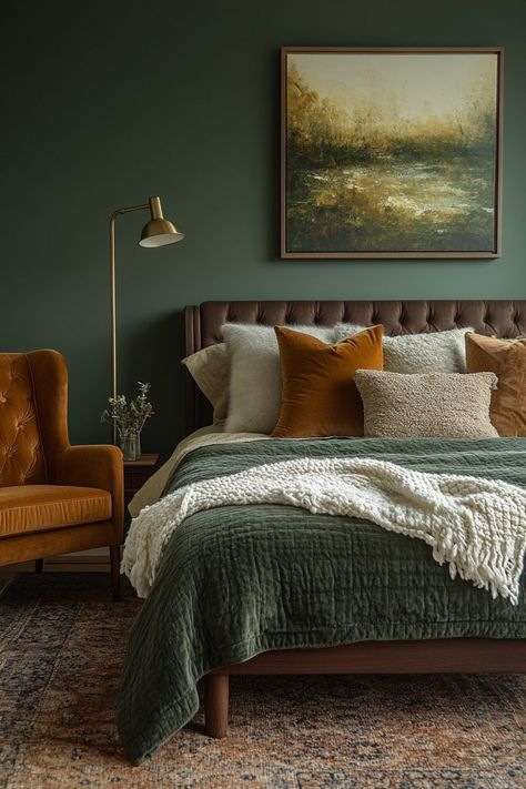 29 Cozy Bedroom Green Ideas to Elevate Your Interior with Natural Tones Forest Green King Bed, Olive Bedspread Bedroom, Forest Theme Guest Room, Behr Black Evergreen Bedroom, Dark Olive Green Bedding, Slate Green Bedroom, Restful Green Bedroom, Bed Throw Blanket Ideas, Masculine Bohemian Bedroom