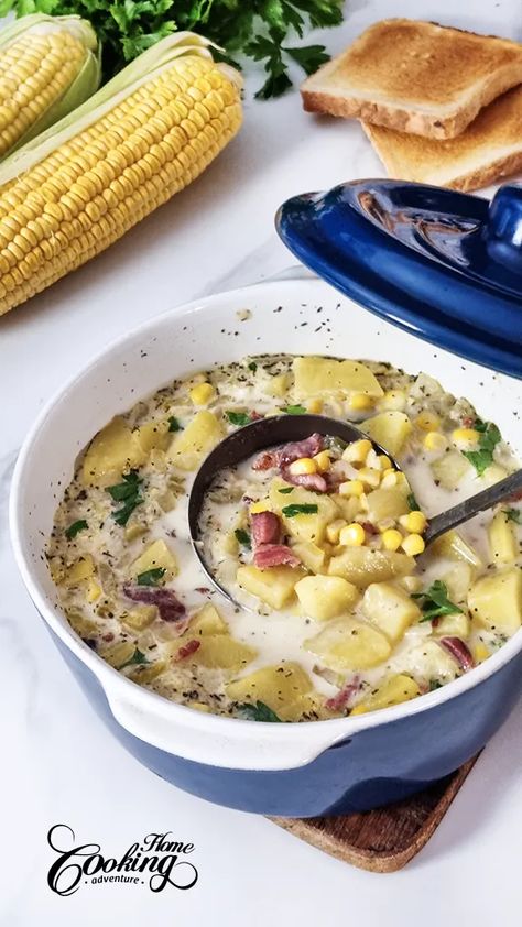 This Potato Corn Chowder bursts with the comforting flavors of tender potatoes and sweet corn in a creamy base. It is easy and quick to prepare and a perfect dish for a cold evening or a cozy meal. Farmhouse Meals, Corn And Potato Chowder, Corn Chowder Soup, Potato Corn Chowder, Creamed Corn Recipes, Potato Chowder, Soups Stews Chilis, Favorite Soups, Corn Chowder Recipe