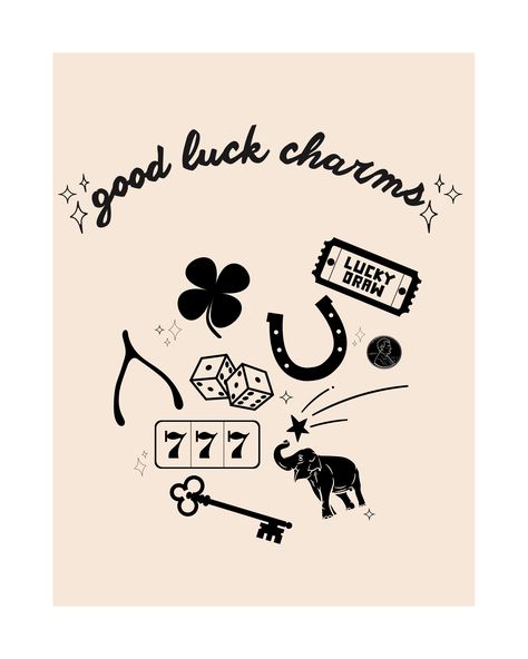 lucky charms <3 Born Lucky Tattoo, Lucky Items Good Luck Charms, Lucky Charms Aesthetic, Lucky Illustration, Lucky Aesthetic, Lucky Design, Lucky Seven, Lucky Tattoo, Luck Tattoo