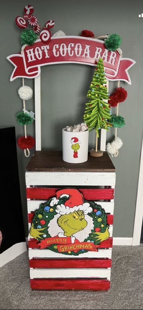 How To Make Whoville Tree, Grinch Birthday Decorations Diy, Grinch Bar Carts, Grinch Fireplace Decor Diy, Grinch Entryway Table, Grinch Wall Decorations Diy, Grinch Themed Decorations, Grinch Cocoa Bar, Grinch Coffee Bar