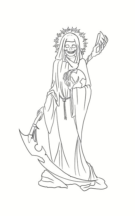 Santa Muerte Tattoo Small, Santa Muerte Stencil, Santa Muerte Outline, La Santa Muerte Drawing, Santa Muerte Drawing Tattoo, Santa Muerte Tattoo Stencil, Santa Muerte Drawing, Popeye Tattoo, Tattoo Stencil Designs